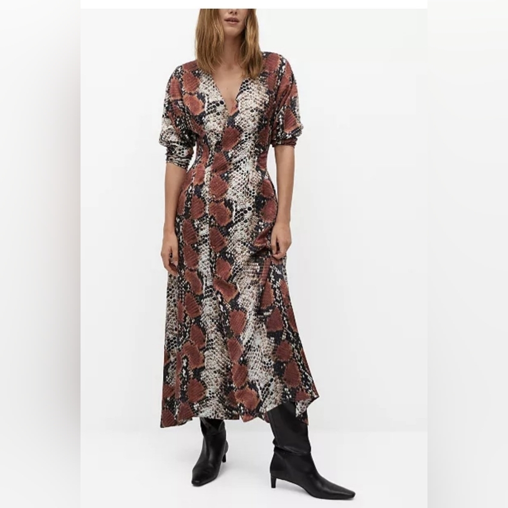 Mango Brown and Black Snake Print Midi Dress